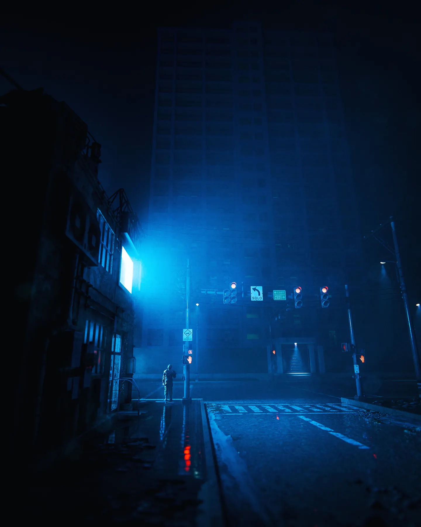 Escena nocturna en tonos azules.