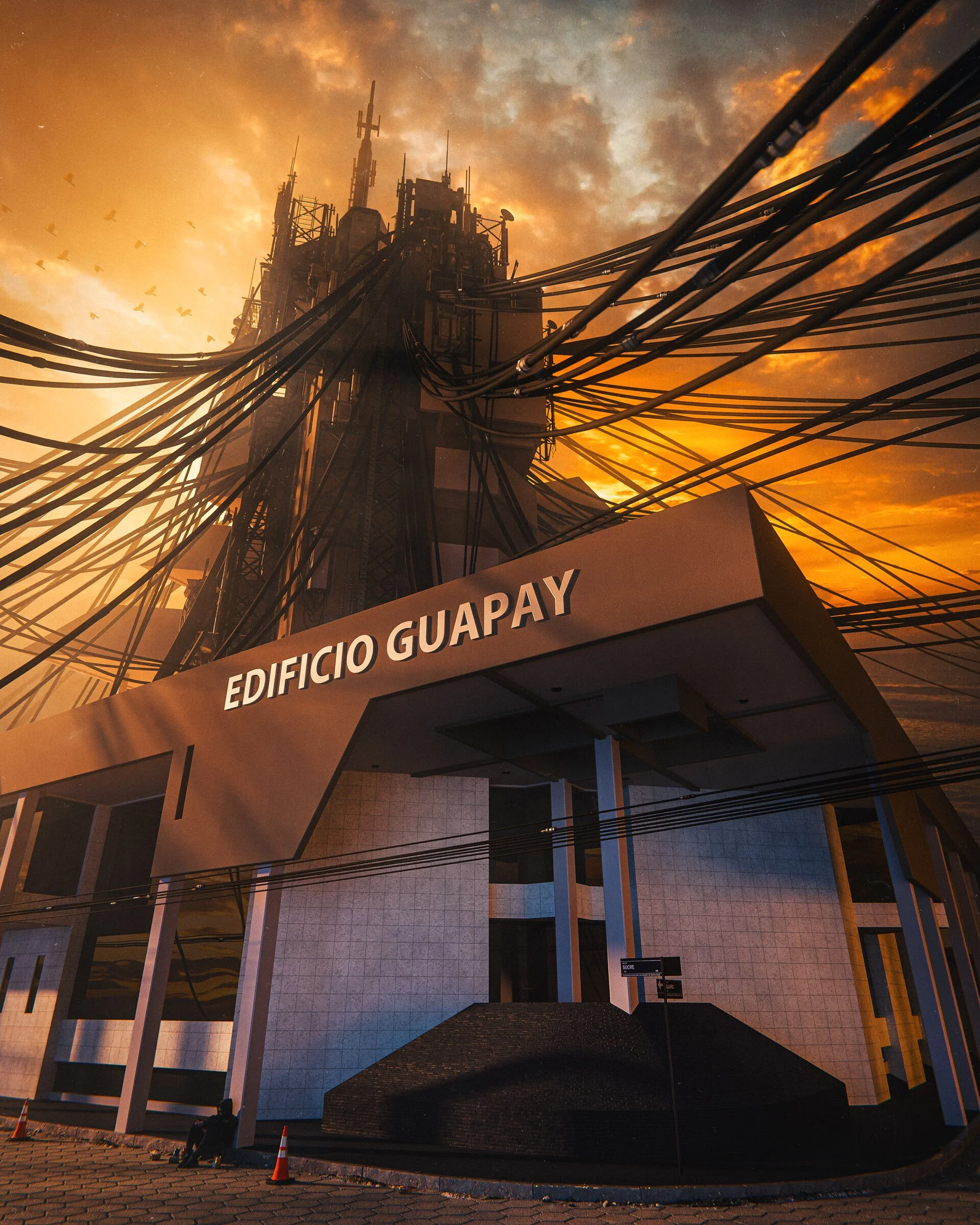 Fachada del edificio Guapay rodeada de cables y luz naranja.
