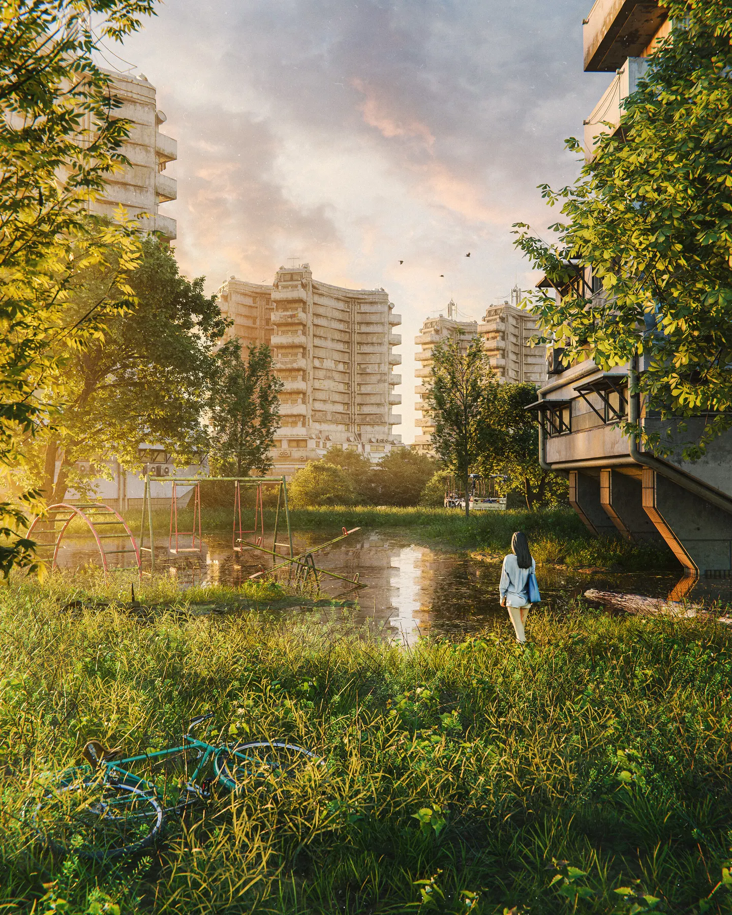 Vegetación y agua entre edificios de hormigón, bajo una luz cálida.